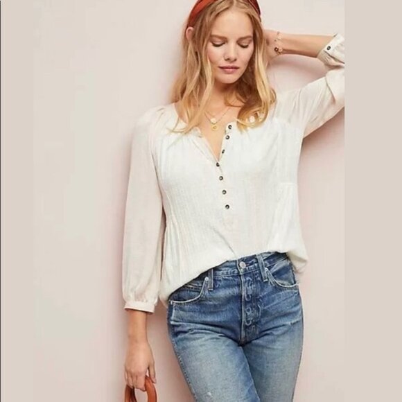 Anthropologie Meadow Rue Kersee Button Ivory Boho Henley Blouse Top Medium - Picture 2 of 6